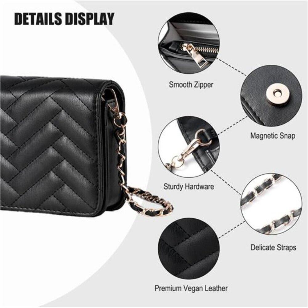Small Black Quilted Crossbody Bag for Women – Vegan Leather Phone Wallet Purse - Picture 10 of 16